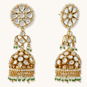 22K Gold-Plated Kundan Stone Studded & Pearl Beaded Dome Shaped Jhumkas