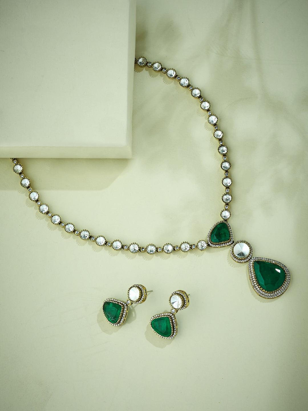 22K Gold-Plated Emerald Stone Centric Kundan Stone Studded Elegant Necklace Set