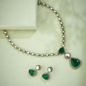 22K Gold-Plated Emerald Stone Centric Kundan Stone Studded Elegant Necklace Set