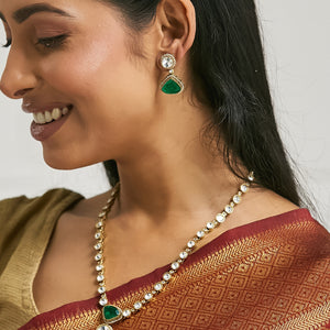 22K Gold-Plated Emerald Stone Centric Kundan Stone Studded Elegant Necklace Set