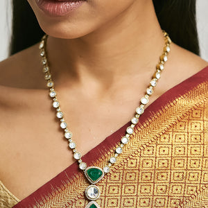 22K Gold-Plated Emerald Stone Centric Kundan Stone Studded Elegant Necklace Set