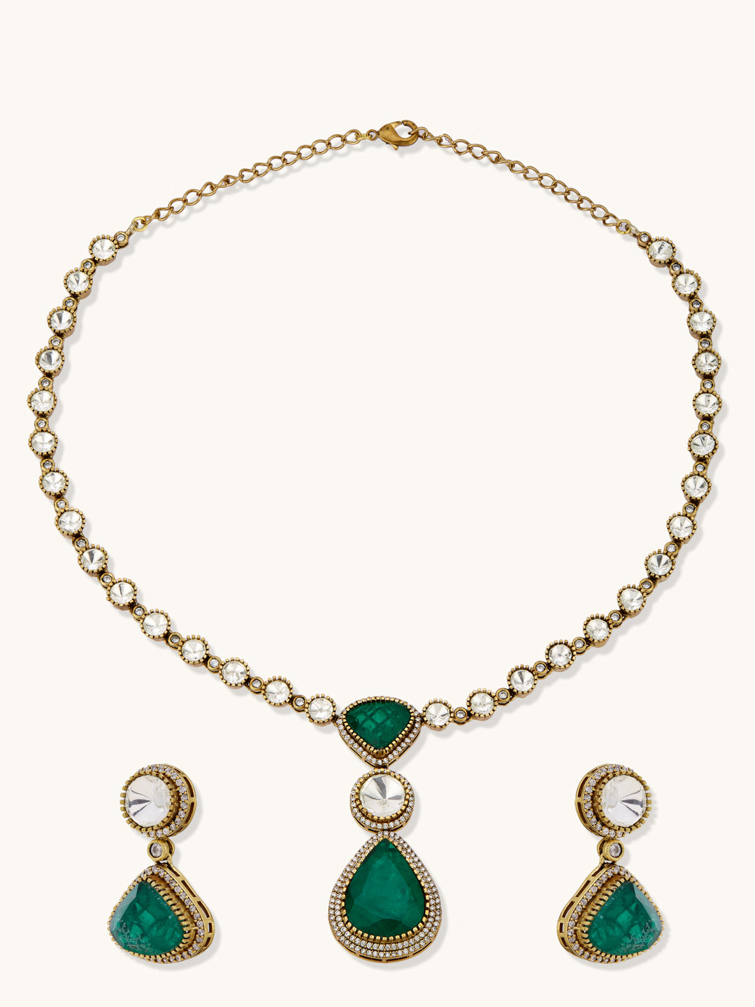 22K Gold-Plated Emerald Stone Centric Kundan Stone Studded Elegant Necklace Set
