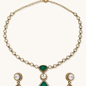22K Gold-Plated Emerald Stone Centric Kundan Stone Studded Elegant Necklace Set