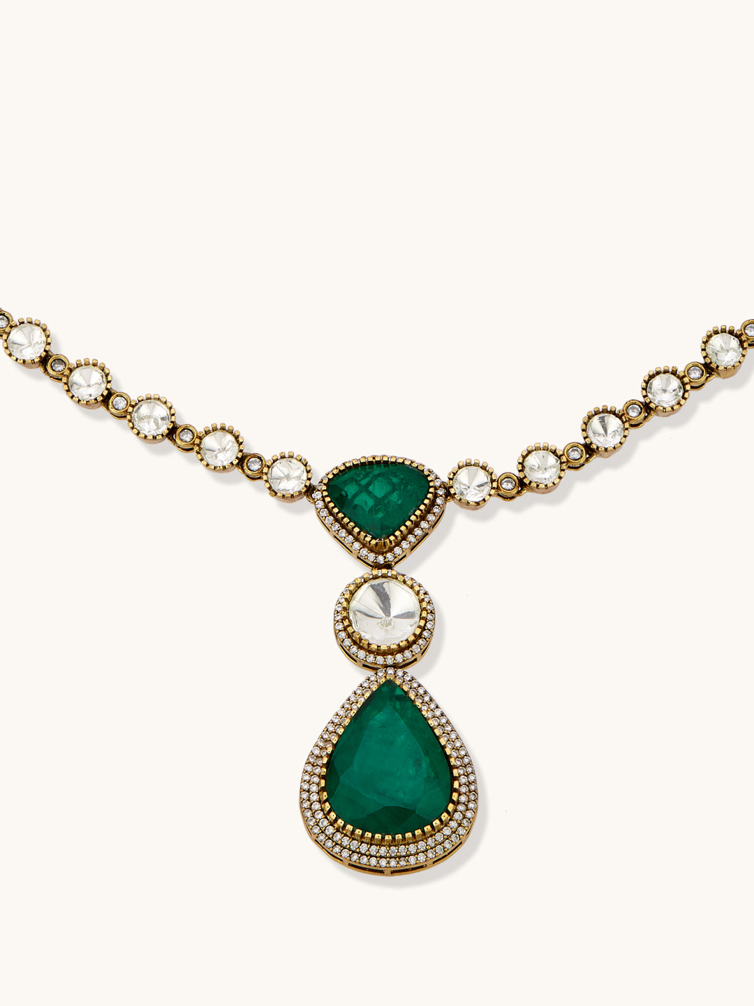 22K Gold-Plated Emerald Stone Centric Kundan Stone Studded Elegant Necklace Set