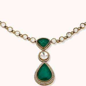 22K Gold-Plated Emerald Stone Centric Kundan Stone Studded Elegant Necklace Set
