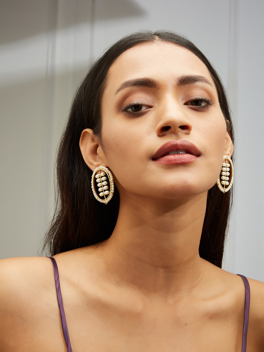 22K Gold Plated Pearl Studded Oval Shaped Stud Earrings
