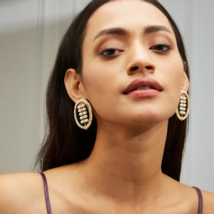 22K Gold Plated Pearl Studded Oval Shaped Stud Earrings