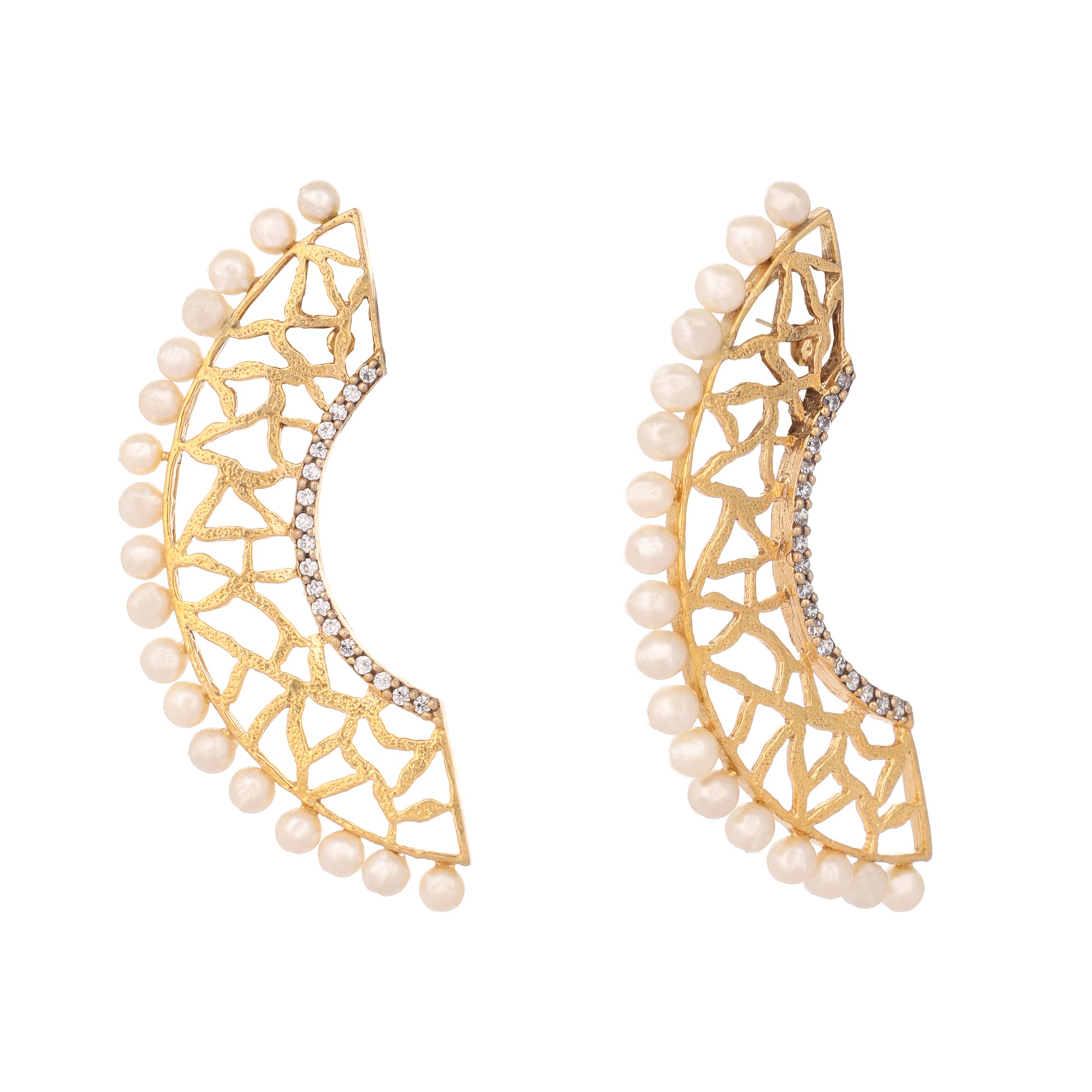 22K Gold-Plated Zircon Studded & Pearl Beaded Contemporary Shaped Statement Stud Earrings