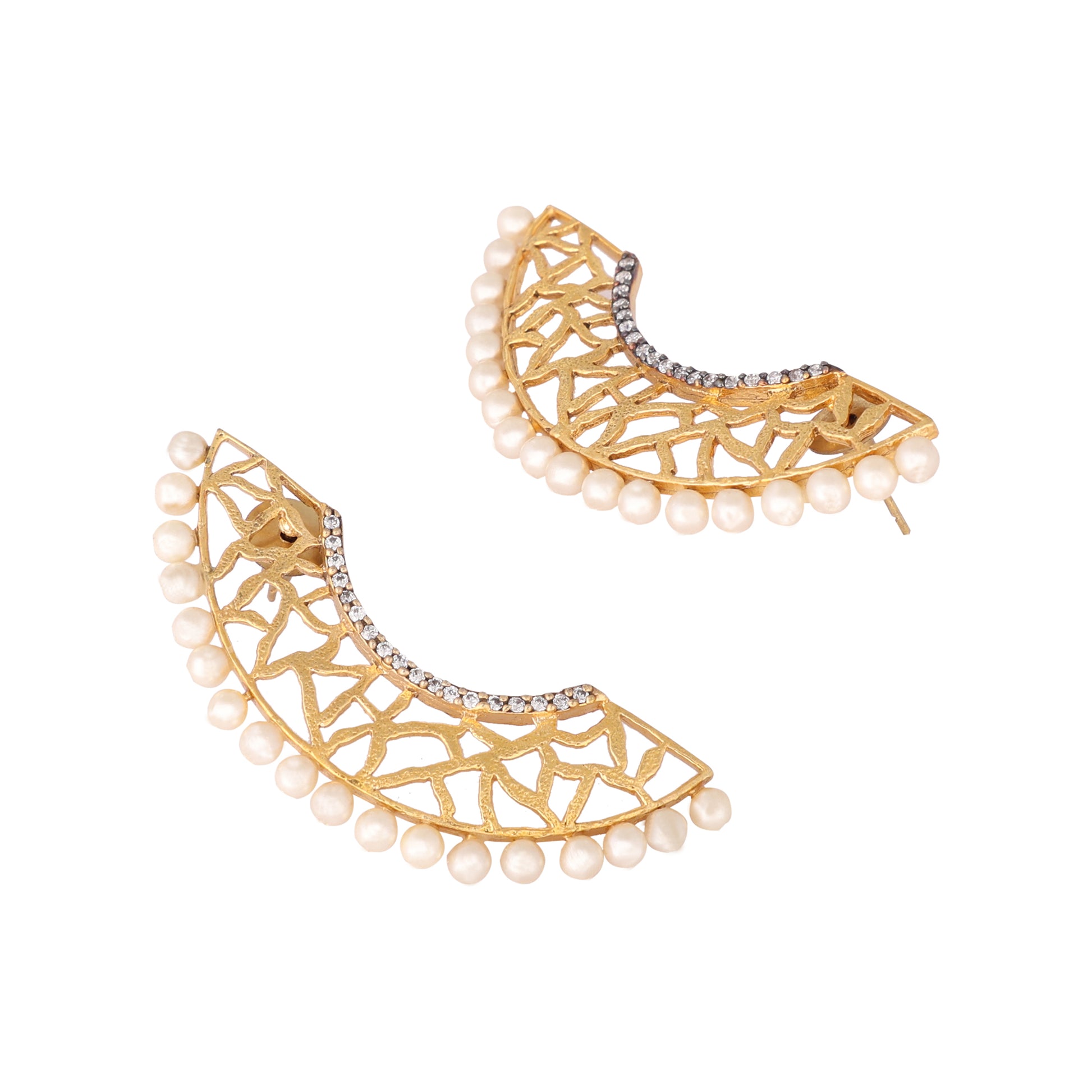 22K Gold-Plated Zircon Studded & Pearl Beaded Contemporary Shaped Statement Stud Earrings