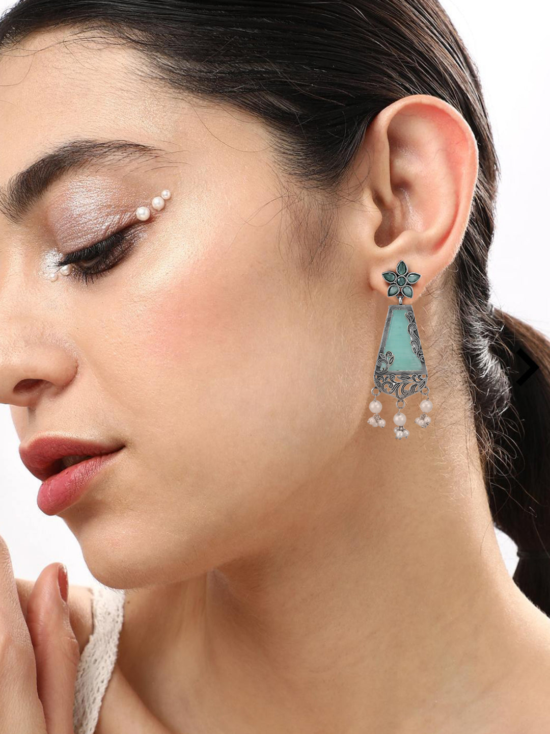 Silver-Oxidised Blue Stone Studded & Pearl Beaded Floral Motif Dangler Earrings