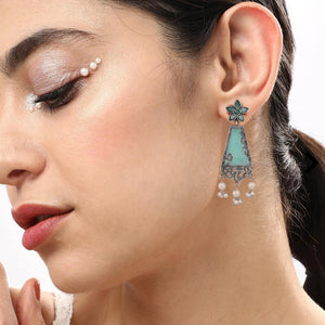 Silver-Oxidised Blue Stone Studded & Pearl Beaded Floral Motif Dangler Earrings