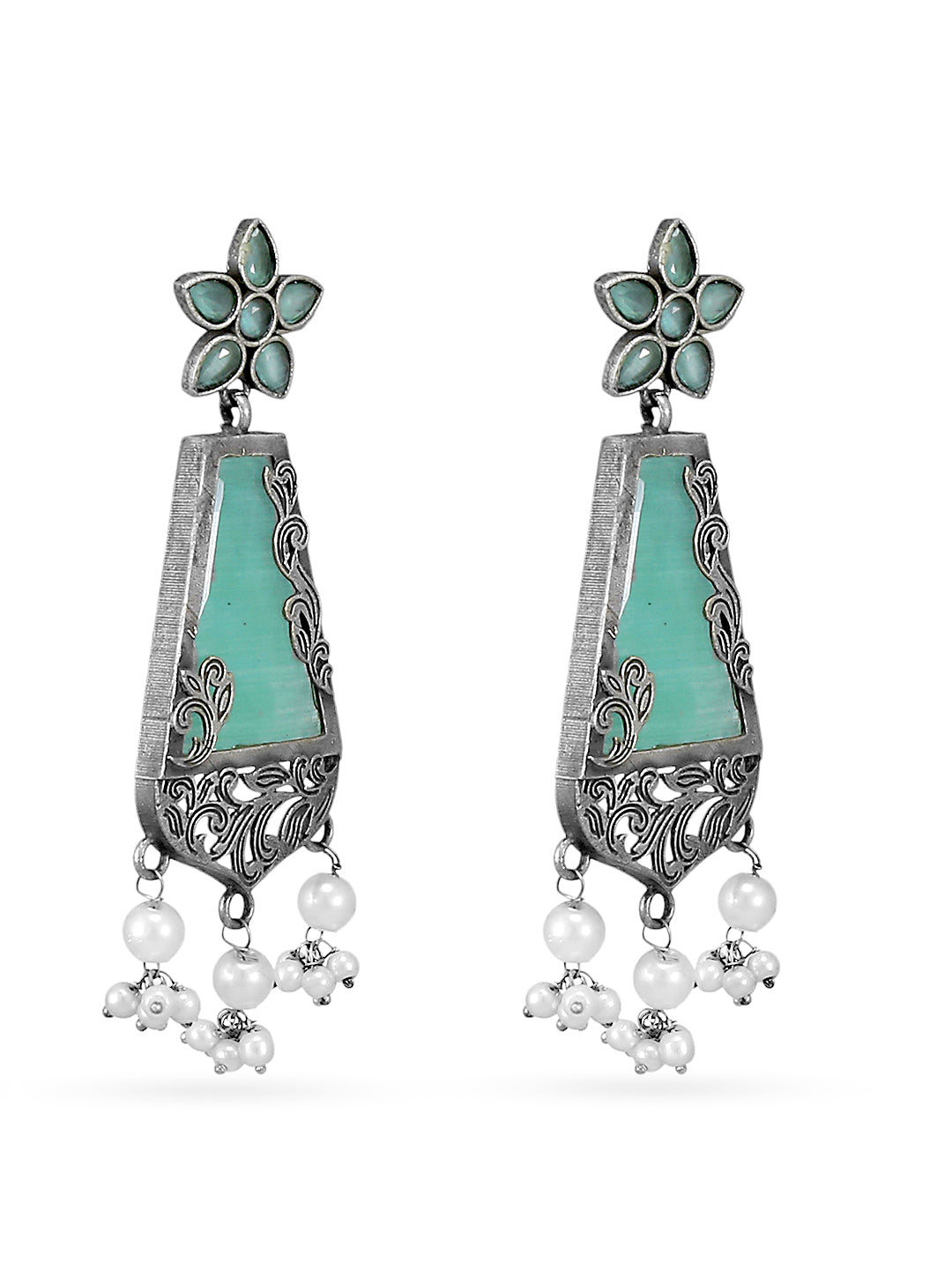 Silver-Oxidised Blue Stone Studded & Pearl Beaded Floral Motif Dangler Earrings