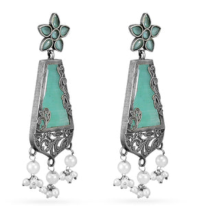 Silver-Oxidised Blue Stone Studded & Pearl Beaded Floral Motif Dangler Earrings