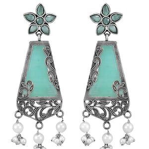 Silver-Oxidised Blue Stone Studded & Pearl Beaded Floral Motif Dangler Earrings