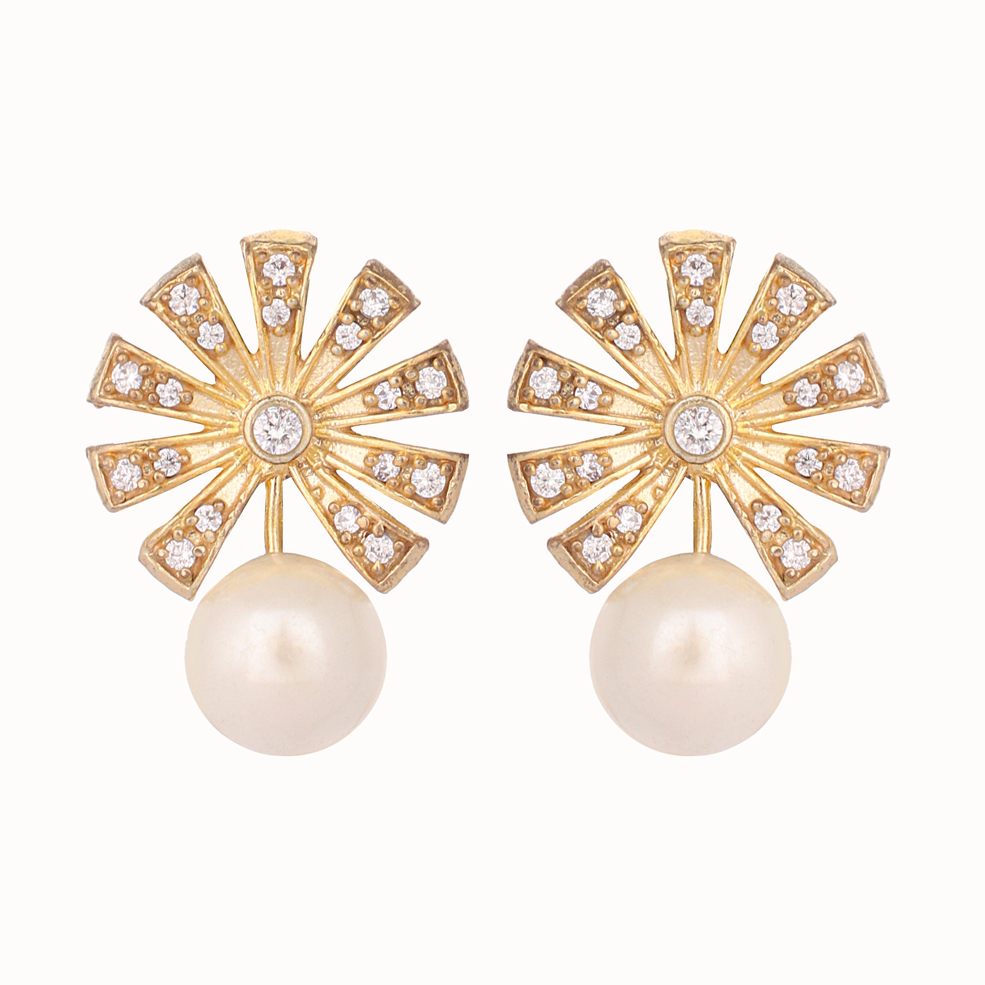 22K Gold-Plated Pearl Drop Zircon Floral Shaped Mini Stud Earrings