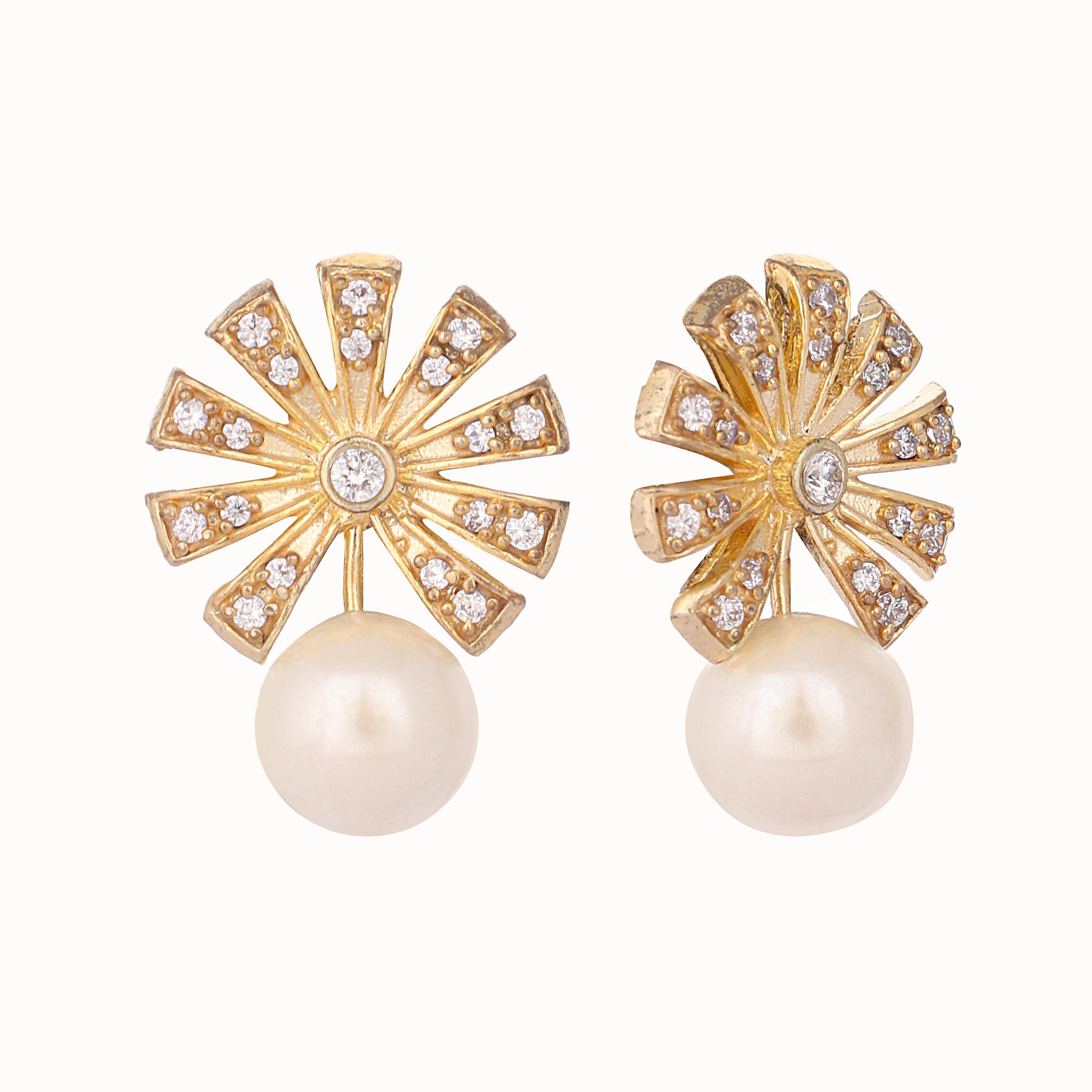 22K Gold-Plated Pearl Drop Zircon Floral Shaped Mini Stud Earrings