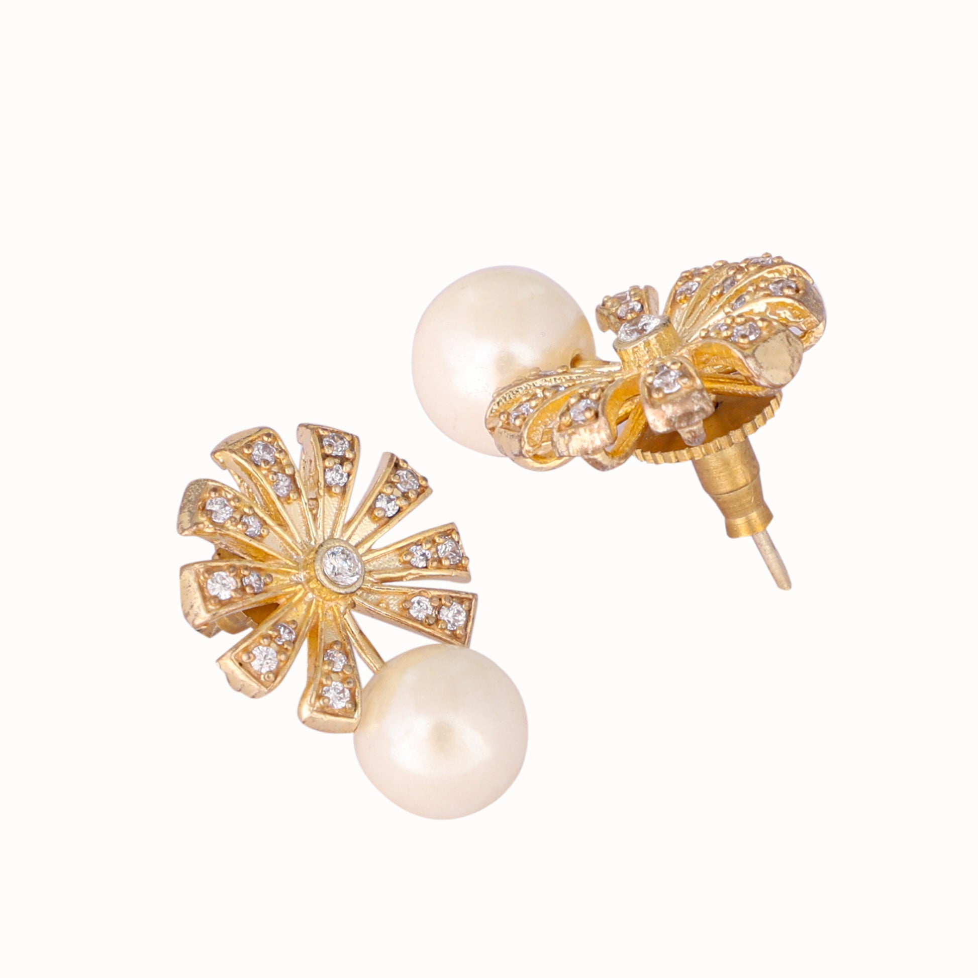 22K Gold-Plated Pearl Drop Zircon Floral Shaped Mini Stud Earrings