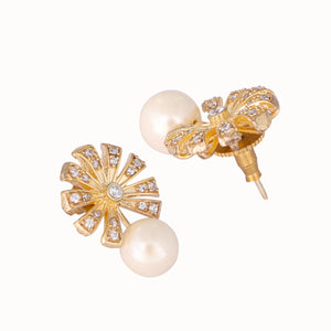 22K Gold-Plated Pearl Drop Zircon Floral Shaped Mini Stud Earrings