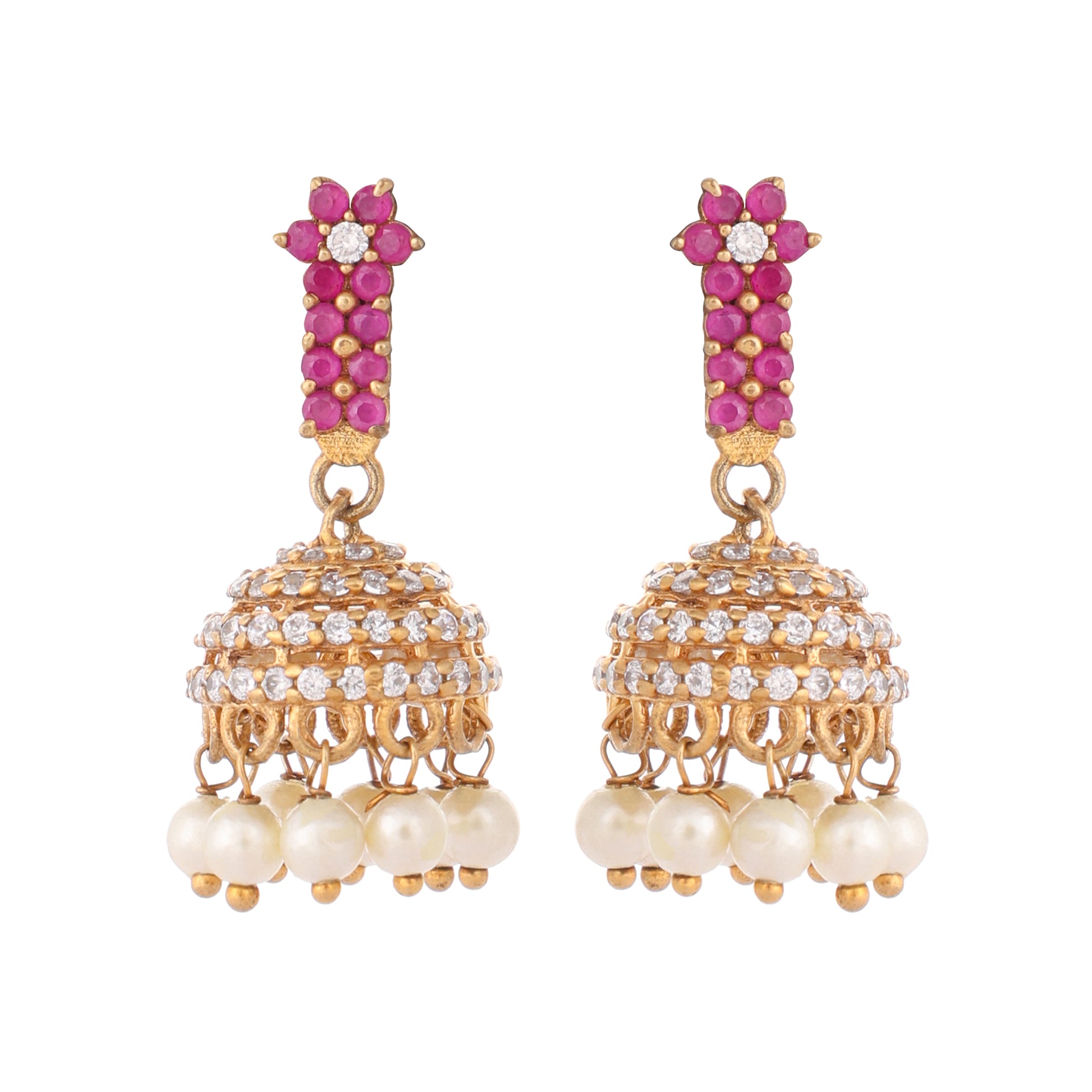 22K Gold Plated Pearl 7 Colored Stone Studded Contemporary Shaped Pink Mini Jhumkas