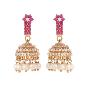 22K Gold Plated Pearl 7 Colored Stone Studded Contemporary Shaped Pink Mini Jhumkas