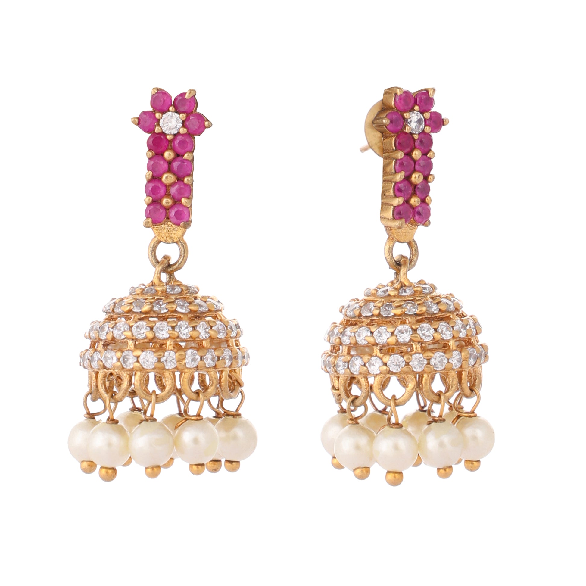 22K Gold Plated Pearl 7 Colored Stone Studded Contemporary Shaped Pink Mini Jhumkas