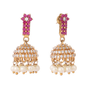 22K Gold Plated Pearl 7 Colored Stone Studded Contemporary Shaped Pink Mini Jhumkas