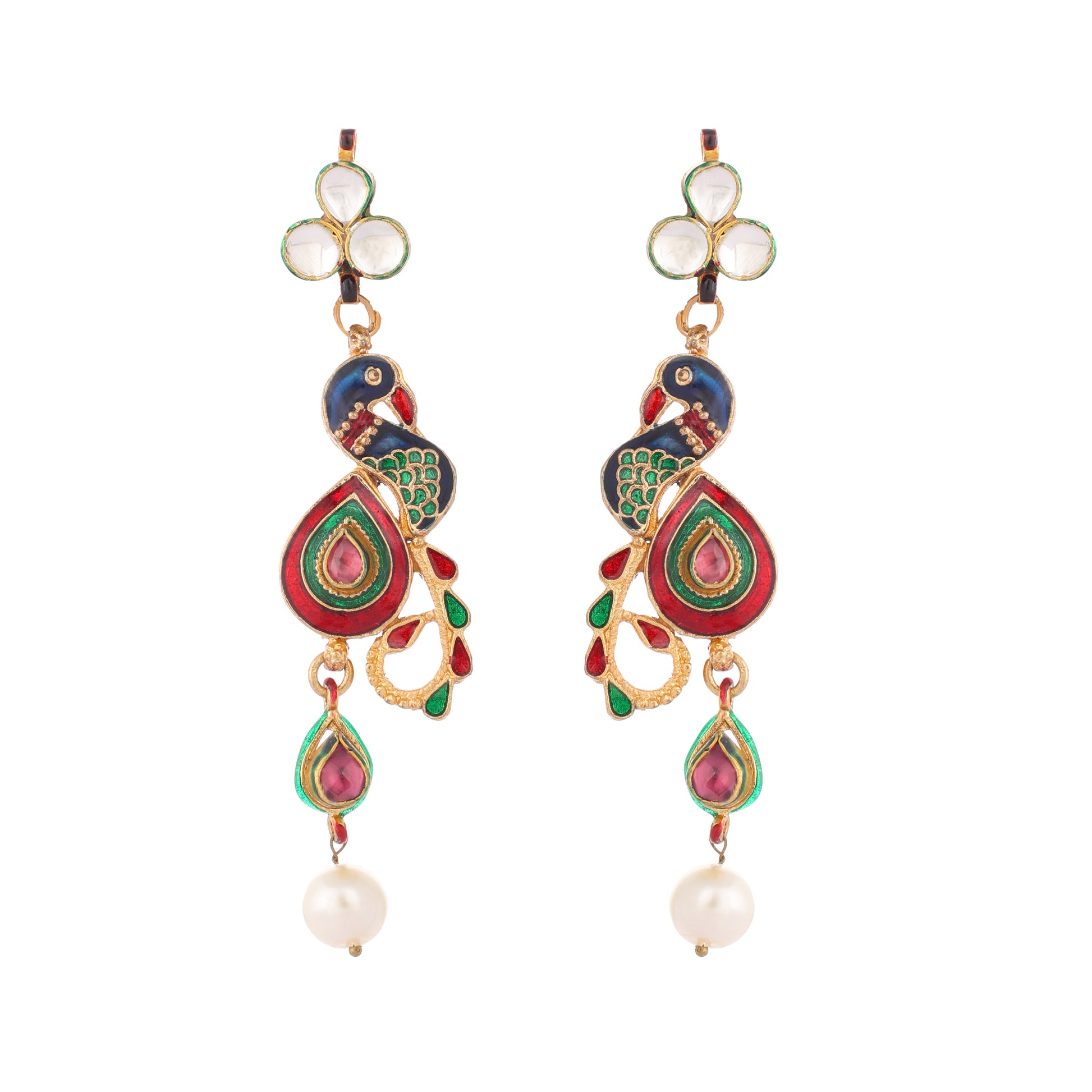 22K Gold Plated Pearl Drop Kundan Studded Ethnic Peacock Shaped Drop Earrings