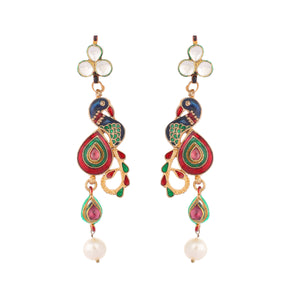 22K Gold Plated Pearl Drop Kundan Studded Ethnic Peacock Shaped Drop Earrings