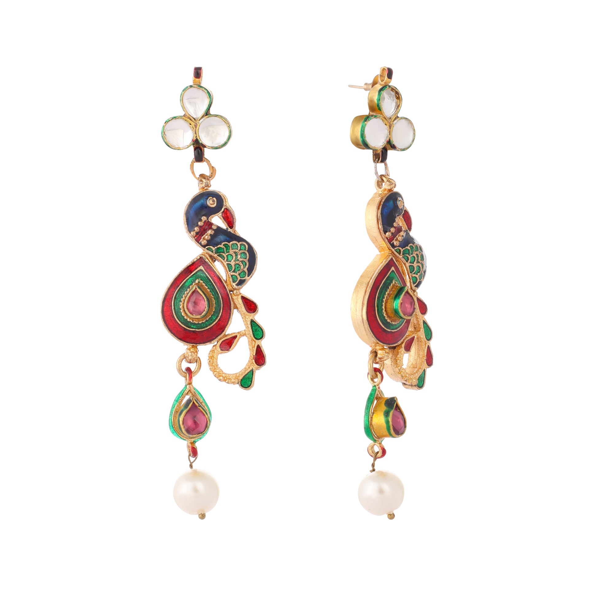 22K Gold Plated Pearl Drop Kundan Studded Ethnic Peacock Shaped Drop Earrings