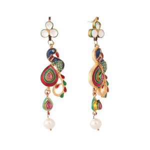 22K Gold Plated Pearl Drop Kundan Studded Ethnic Peacock Shaped Drop Earrings
