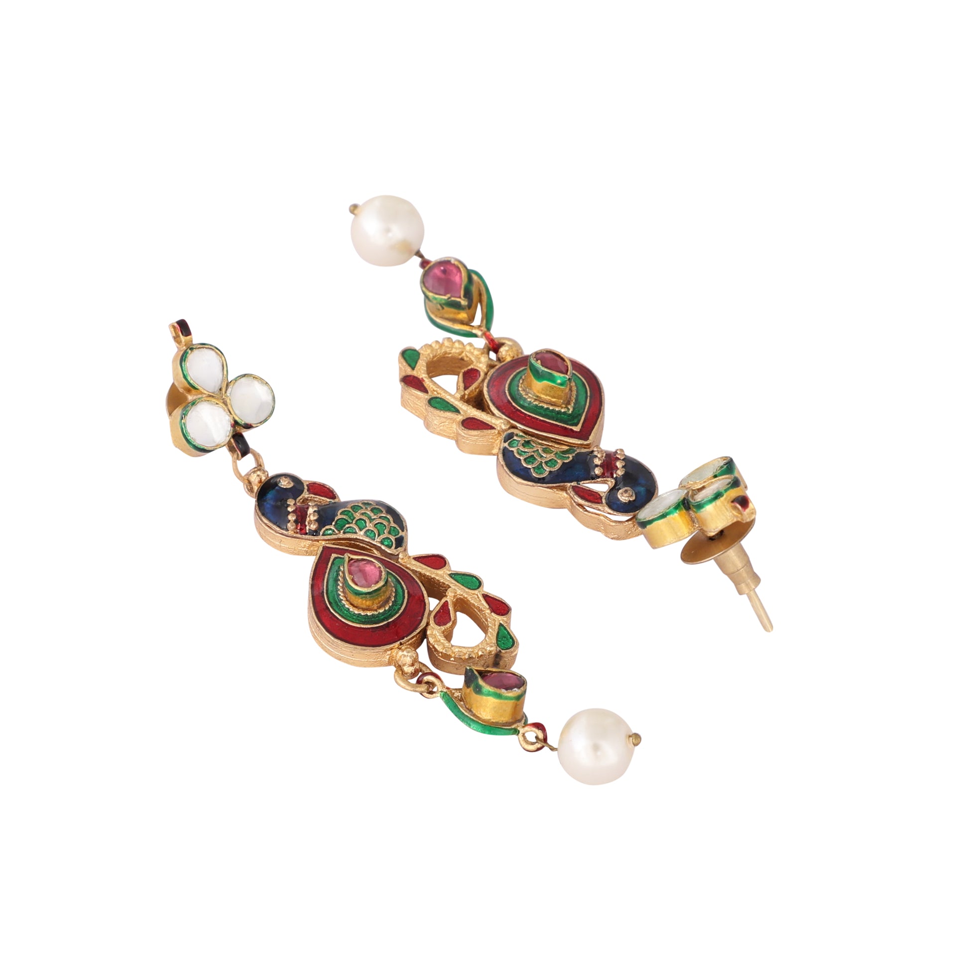 22K Gold Plated Pearl Drop Kundan Studded Ethnic Peacock Shaped Drop Earrings