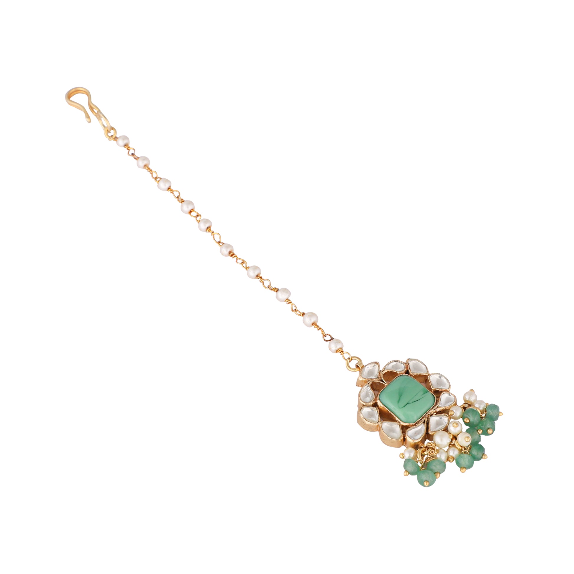 22K Gold-Plated Kundan & Green Stone Embellished Maang Tikka Head Jewellery