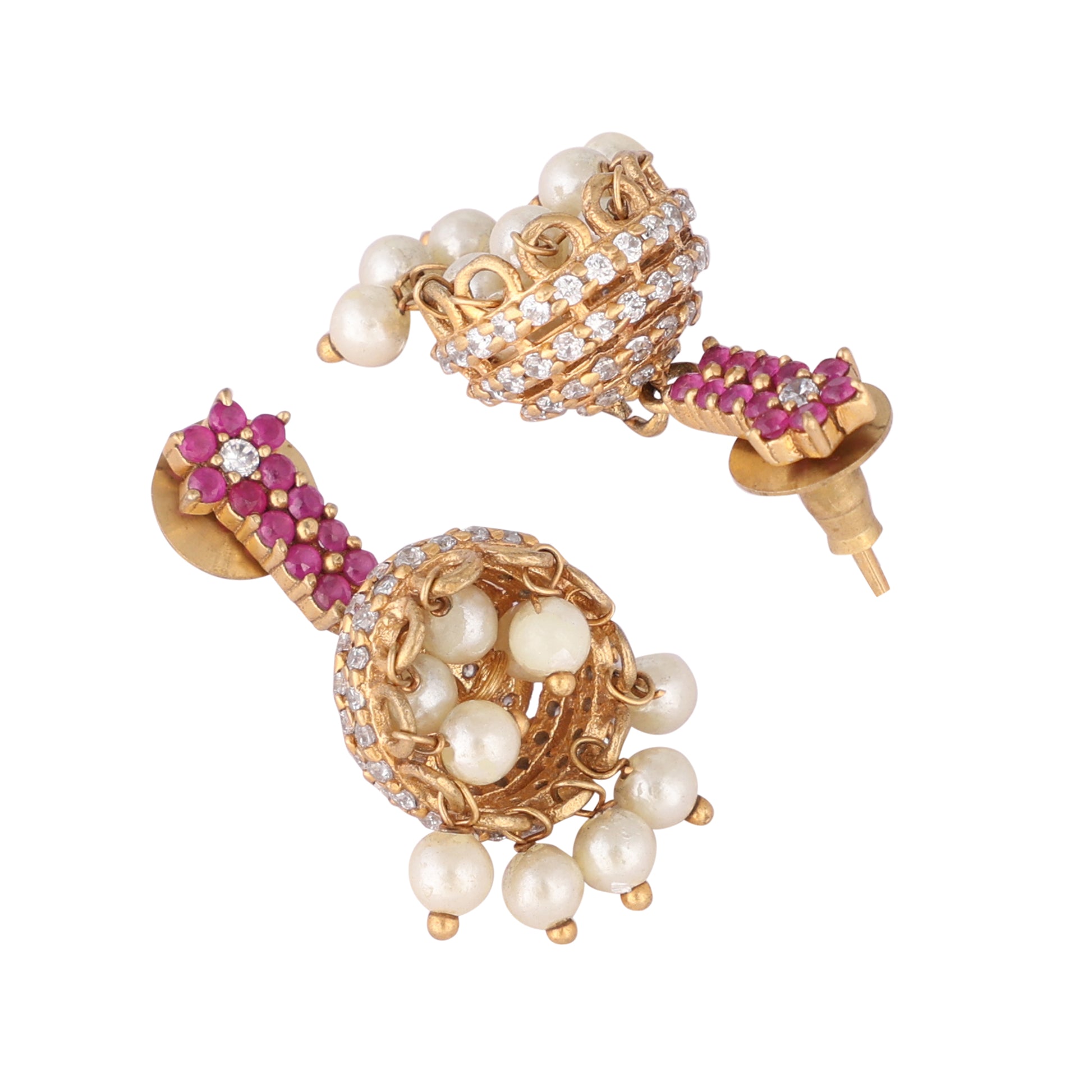 22K Gold Plated Pearl 7 Colored Stone Studded Contemporary Shaped Pink Mini Jhumkas