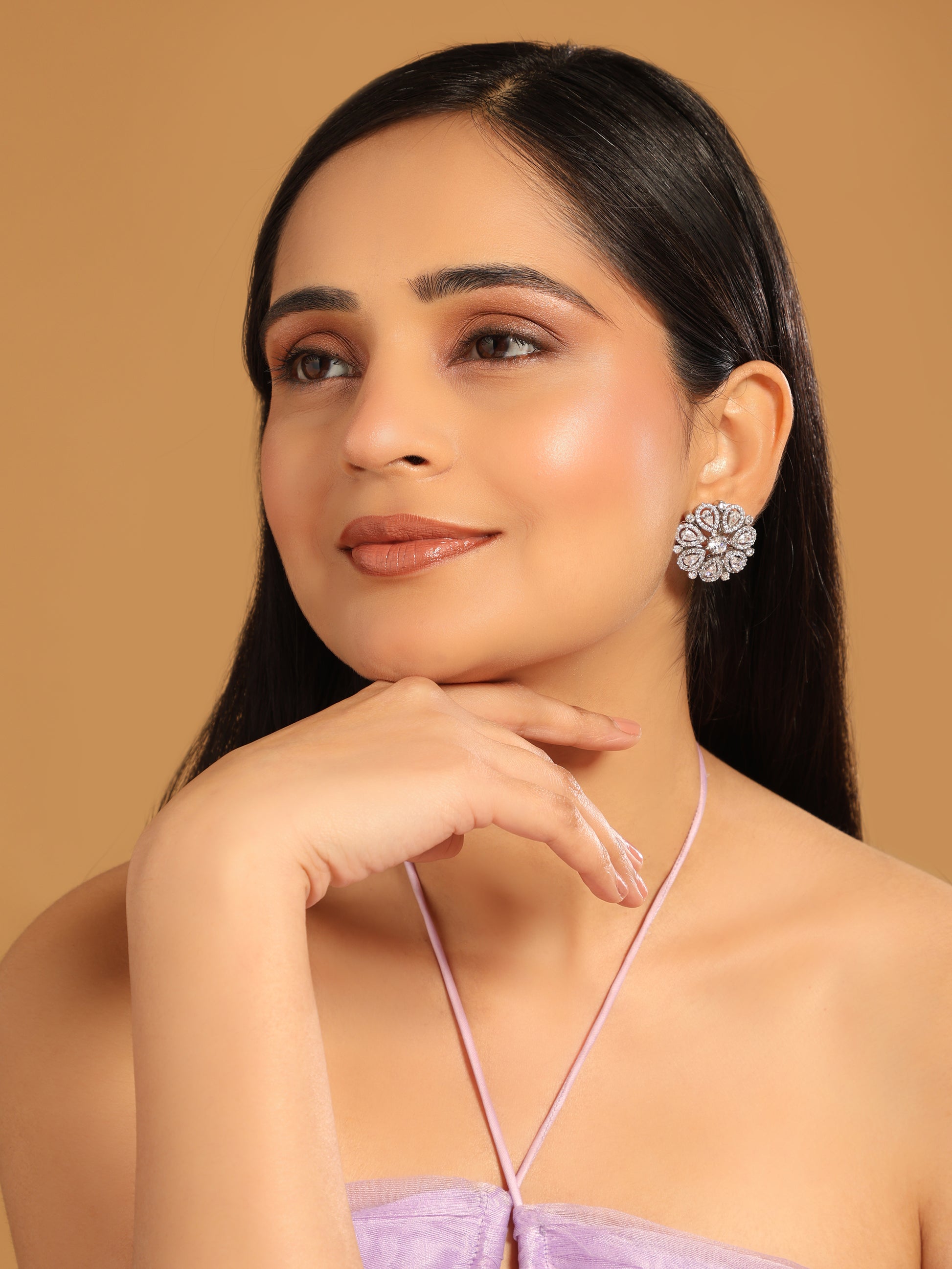 Rhodium-Plated Zircon Studded Floral Statement Stud Earrings