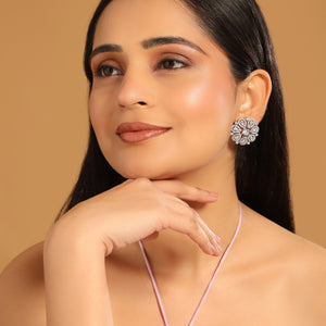 Rhodium-Plated Zircon Studded Floral Statement Stud Earrings