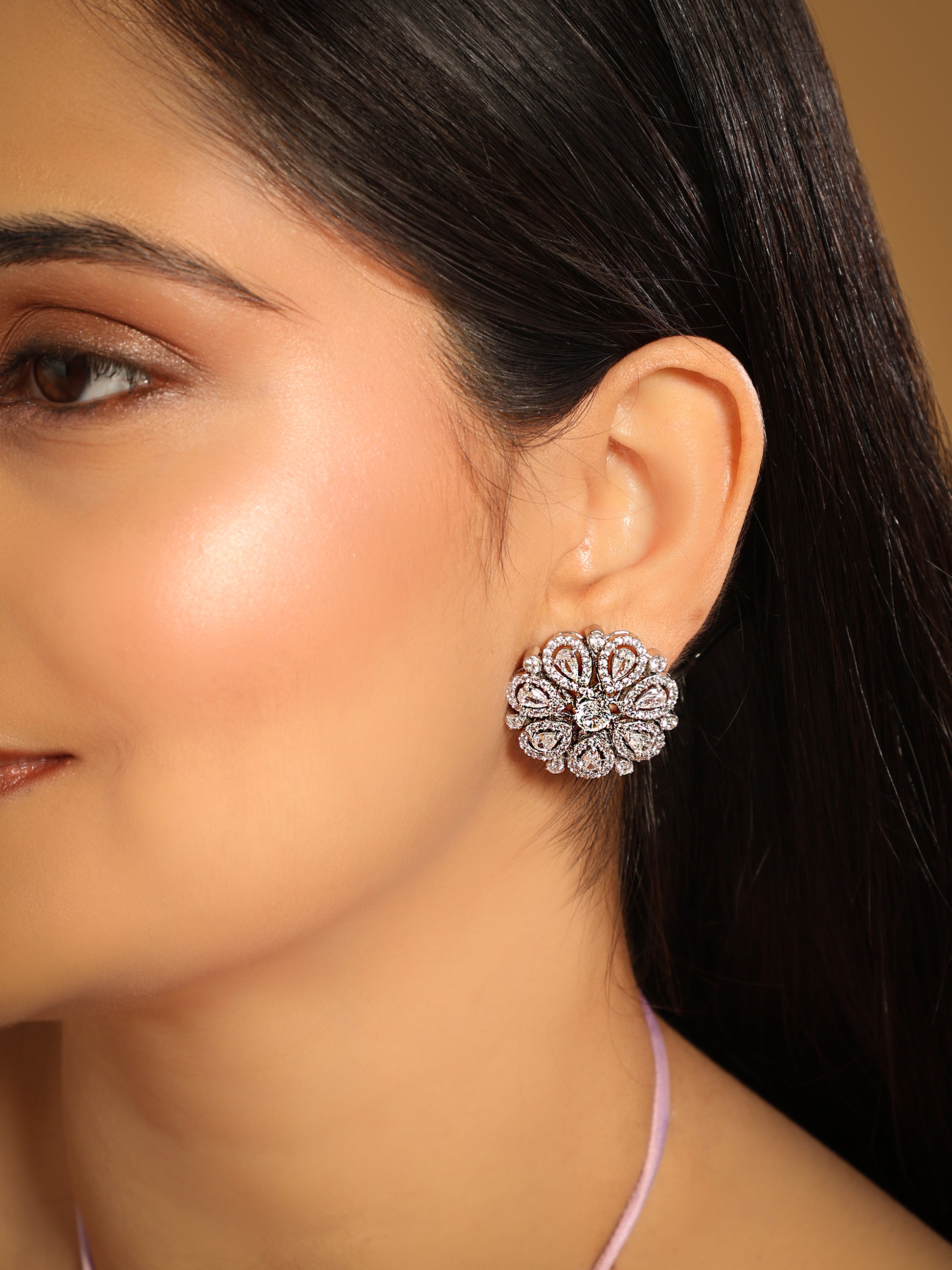 Rhodium-Plated Zircon Studded Floral Statement Stud Earrings