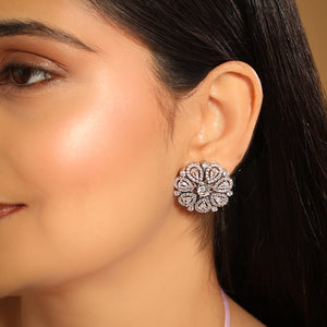 Rhodium-Plated Zircon Studded Floral Statement Stud Earrings