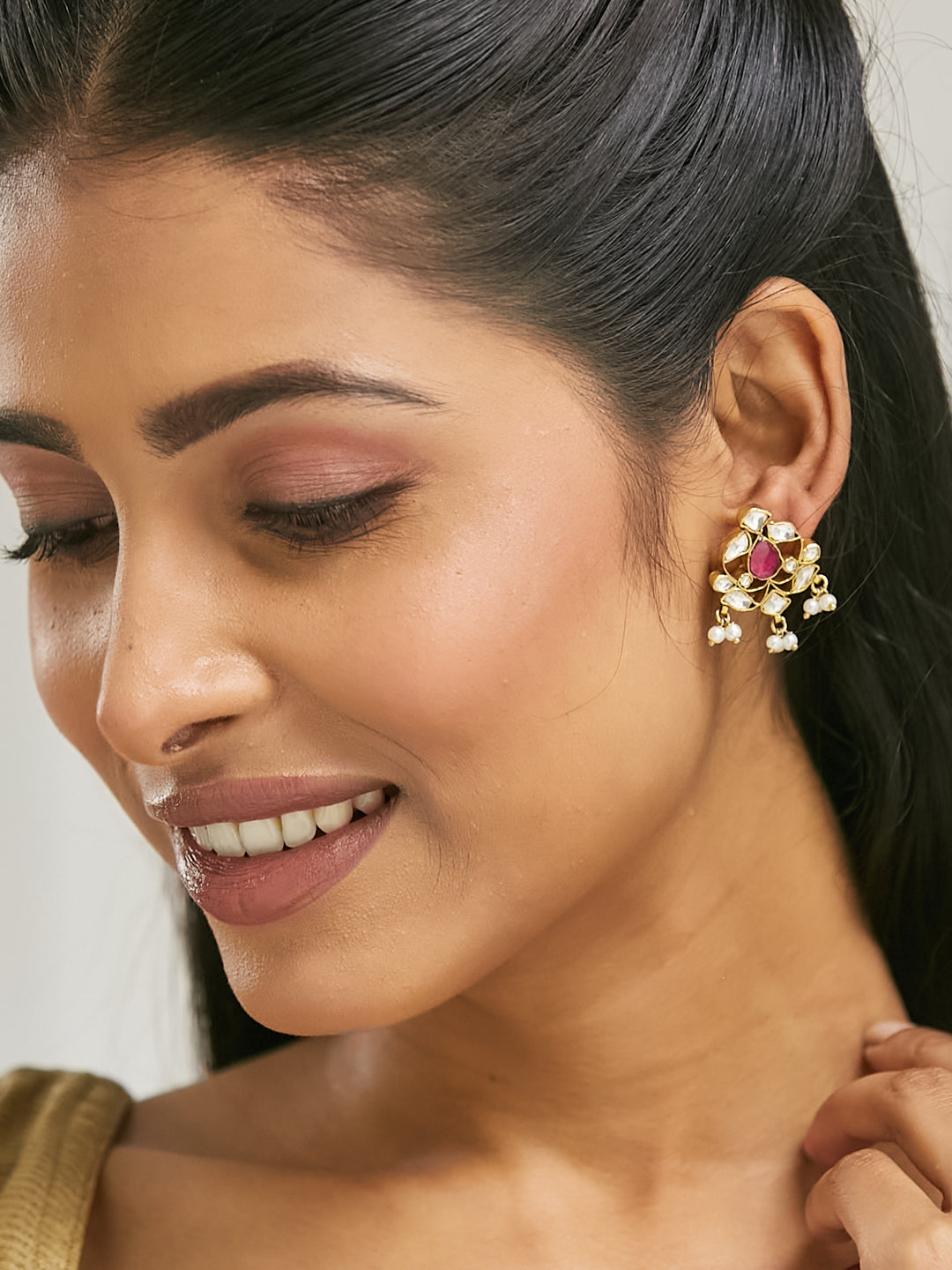22K Gold-Plated Elegant Kundan & Ruby Stone Studded & Beaded Studs