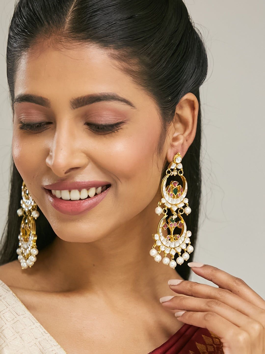 22K Gold-Plated Kundan Stone Studded & Pearl Beaded Layered Chandbalis