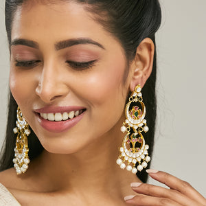 22K Gold-Plated Kundan Stone Studded & Pearl Beaded Layered Chandbalis