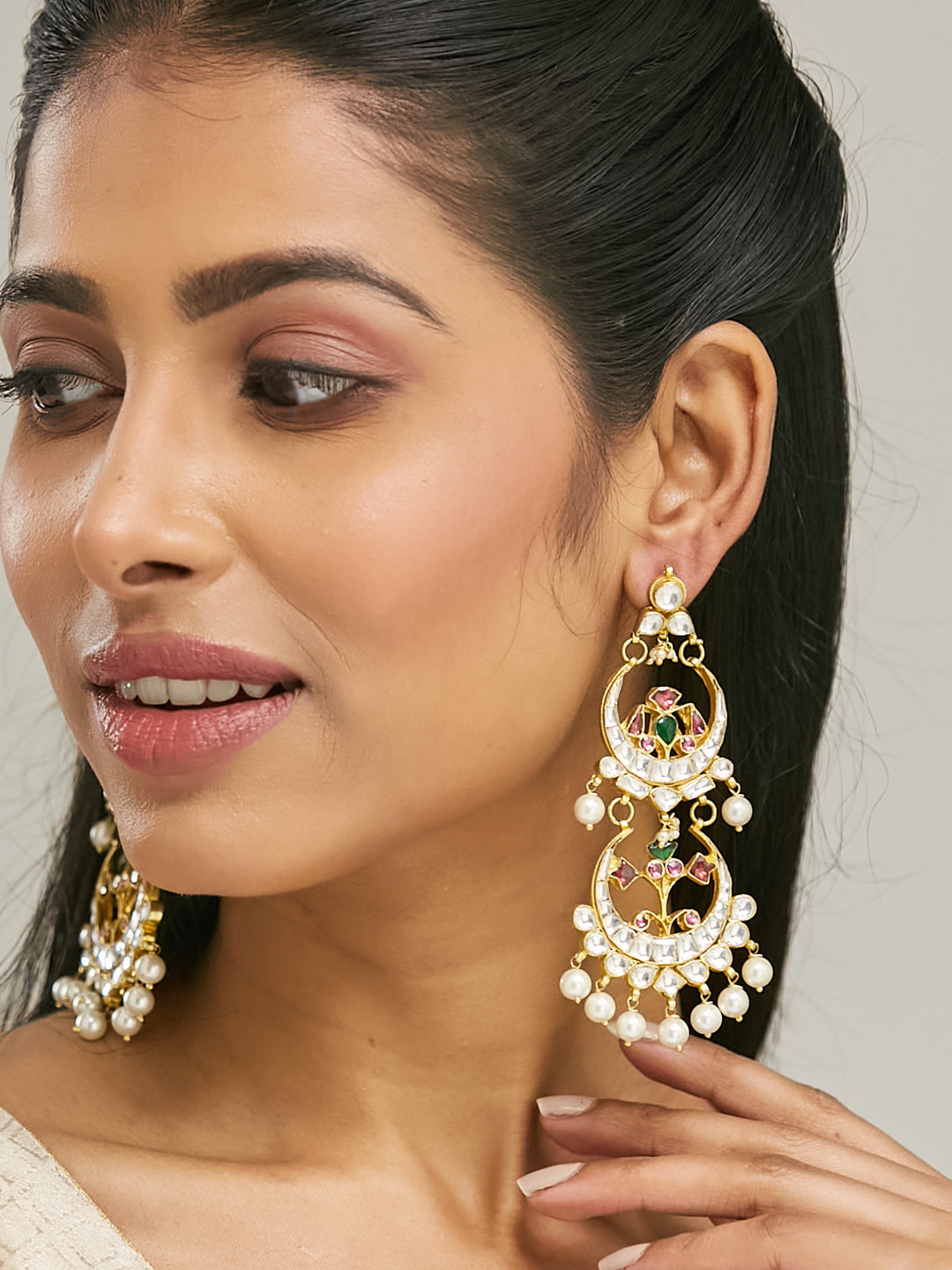 22K Gold-Plated Kundan Stone Studded & Pearl Beaded Layered Chandbalis