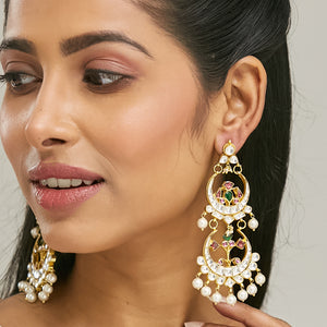 22K Gold-Plated Kundan Stone Studded & Pearl Beaded Layered Chandbalis