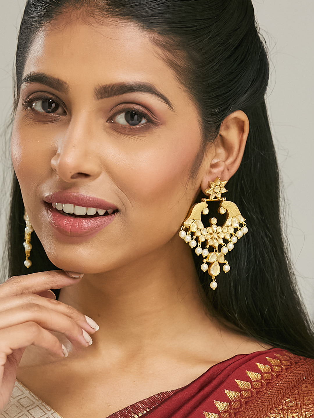 22K Gold-Plated Kundan and Pearl Earrings with Floral Stud and Intricate Crescent Design Chandbalis