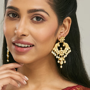 22K Gold-Plated Kundan and Pearl Earrings with Floral Stud and Intricate Crescent Design Chandbalis