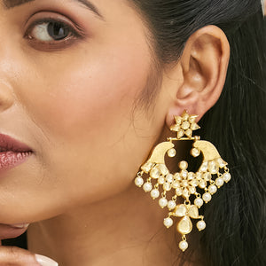 22K Gold-Plated Kundan and Pearl Earrings with Floral Stud and Intricate Crescent Design Chandbalis