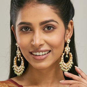 22K Gold-Plated Elegant Kundan Studded & Beaded Floral Chandbali Earrings
