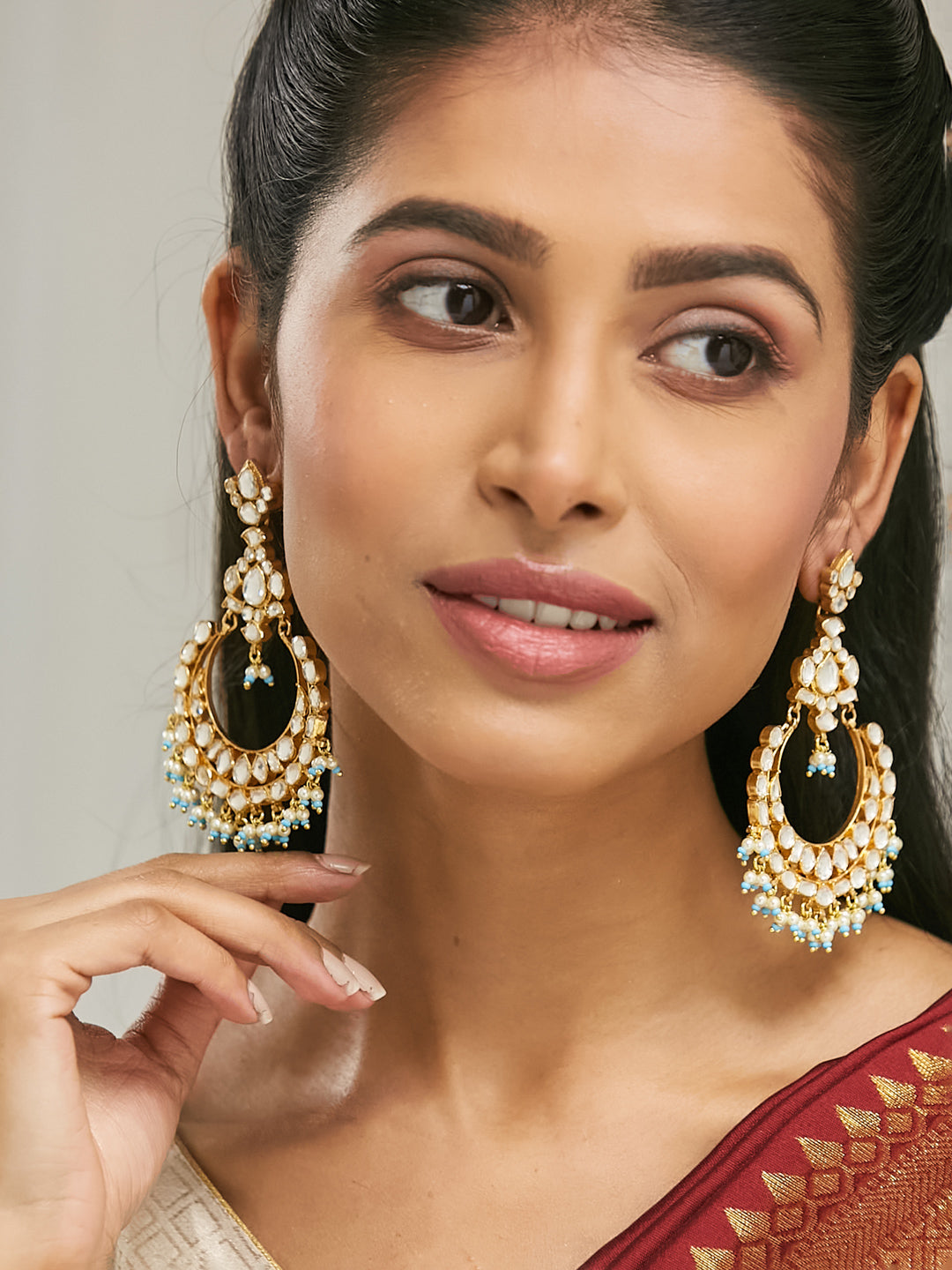 22K Gold-Plated Kundan Stone Studded & Pearl Beaded Chandbalis