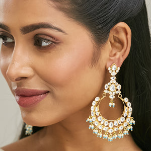 22K Gold-Plated Kundan Stone Studded & Pearl Beaded Chandbalis