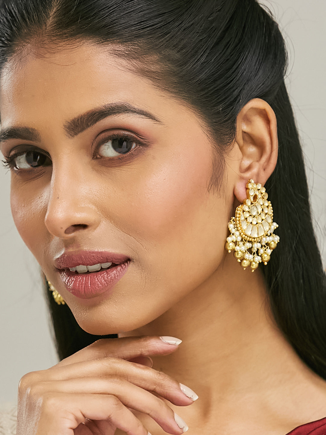 22K Gold-Plated Kundan Stone Studded & Pearl Drop Beaded Crescent Shaped Chandbalis