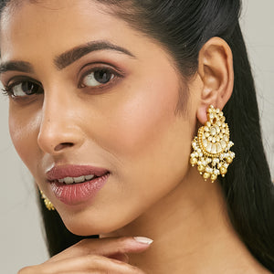 22K Gold-Plated Kundan Stone Studded & Pearl Drop Beaded Crescent Shaped Chandbalis